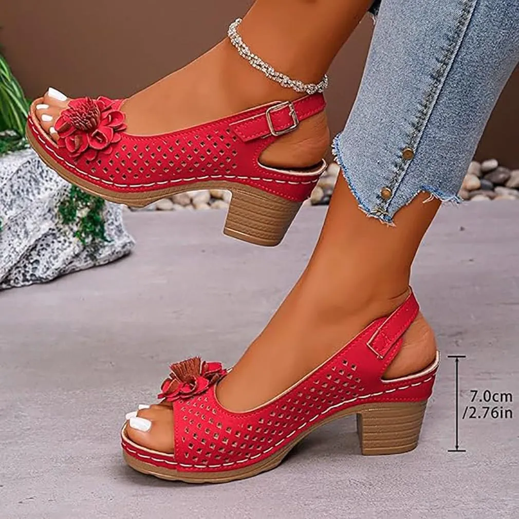 2025 New Buckled Square Heel Sandals for Women, Dressy Wedge Sandals for Women Beige Heels Flower Sandals
