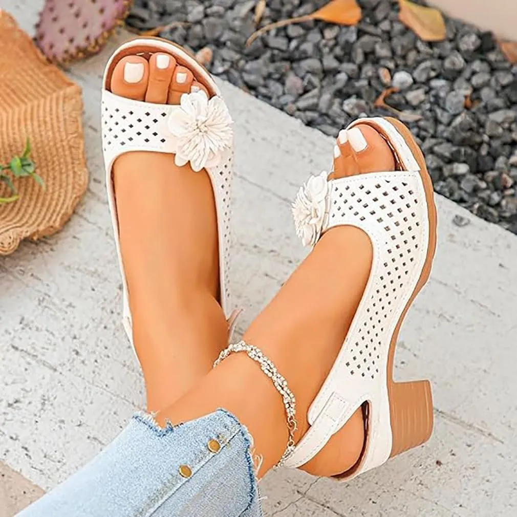 2025 New Buckled Square Heel Sandals for Women, Dressy Wedge Sandals for Women Beige Heels Flower Sandals