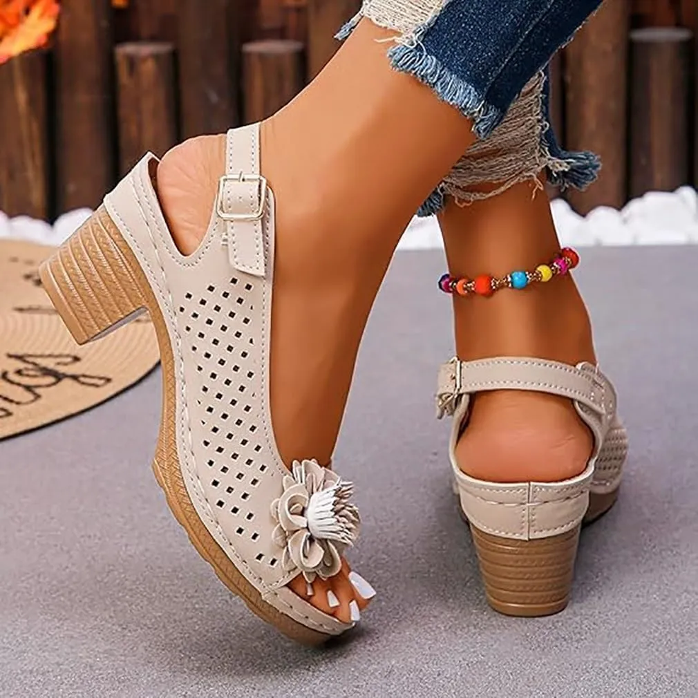 2025 New Buckled Square Heel Sandals for Women, Dressy Wedge Sandals for Women Beige Heels Flower Sandals