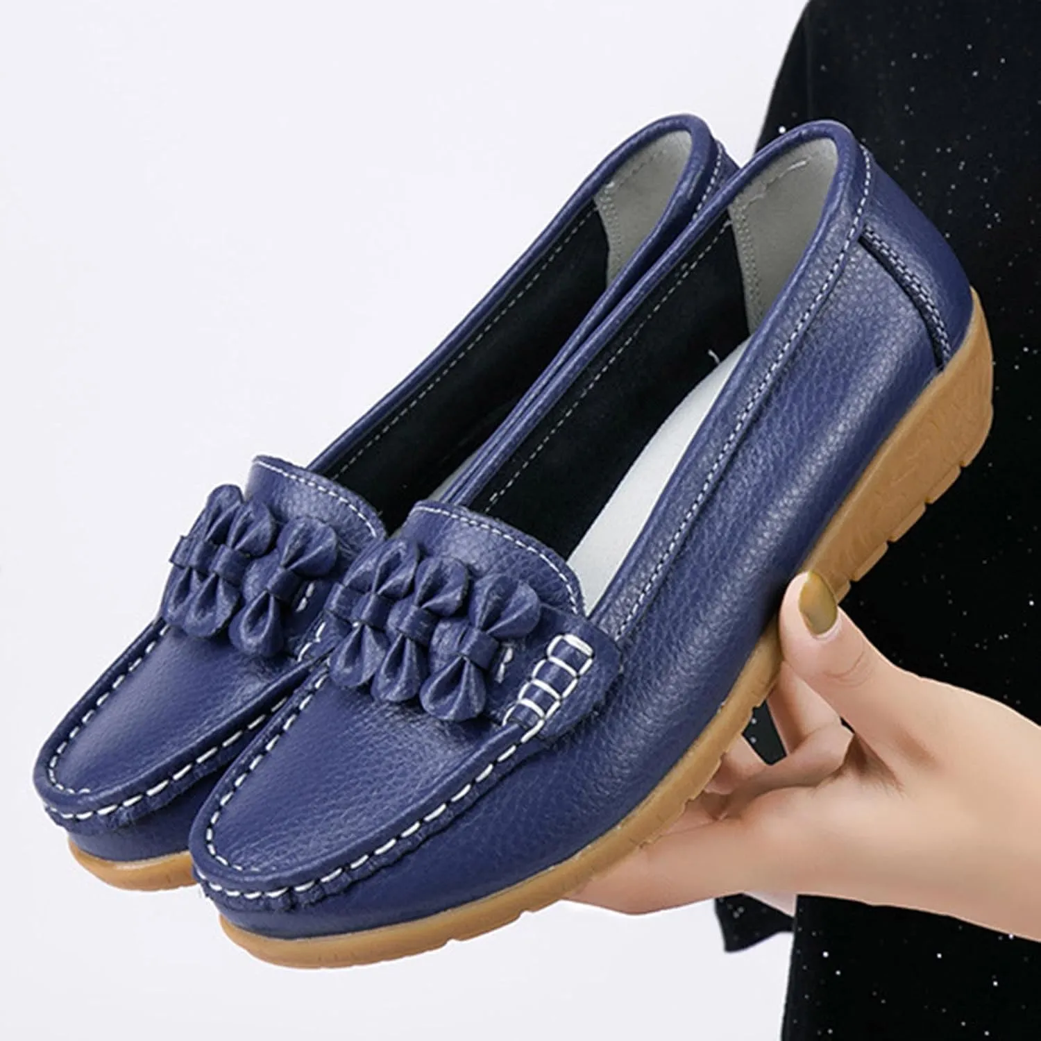 2025 Women's Ruched Embellished Pump Sandals Solid Faux Leather Slip on Loafer Closed Toe Rubber Sole Casual Sandal