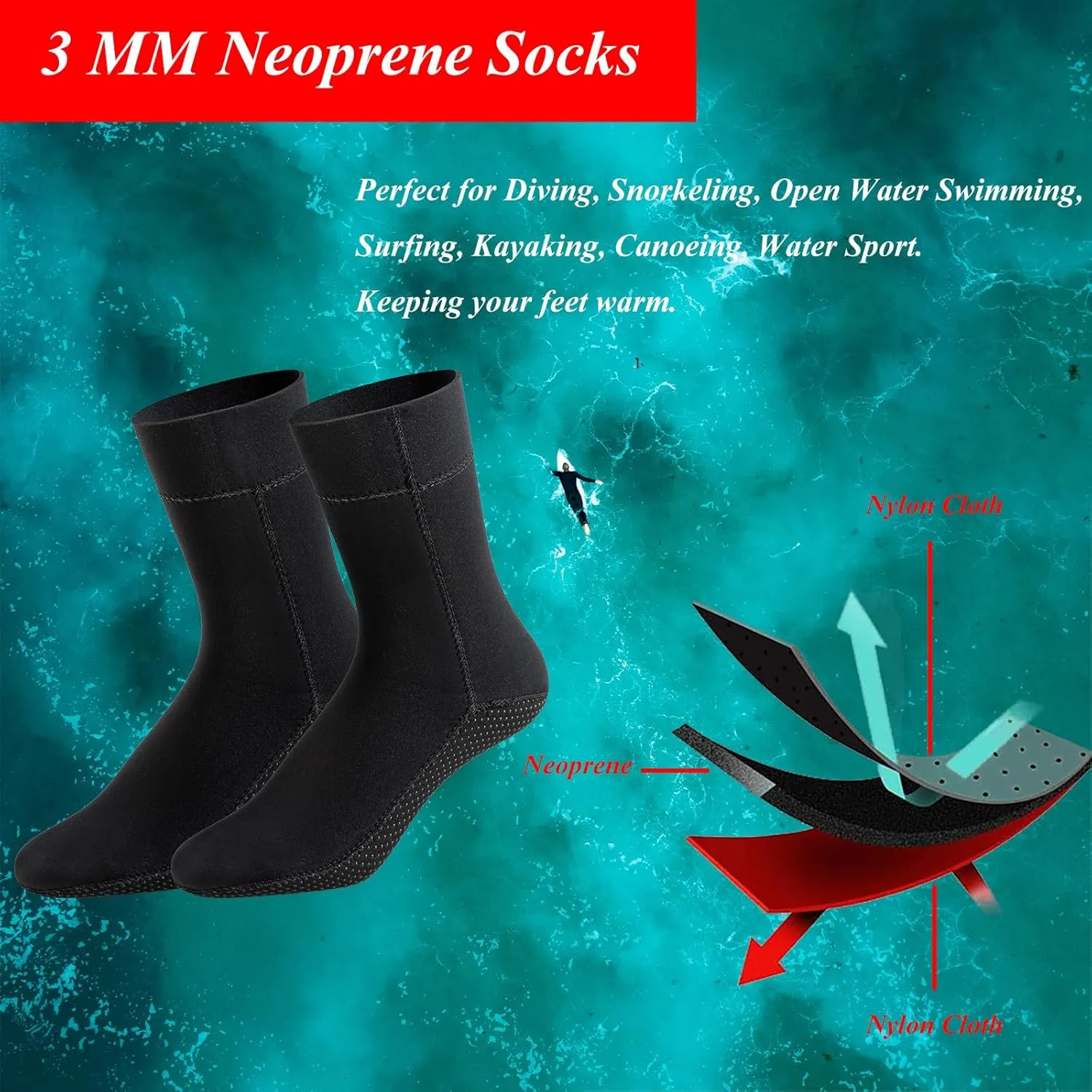 3mm Neoprene Socks, Wetsuit Booties Cold Water Swimming Boots for Women Men Open Water Swimming Diving Surfing