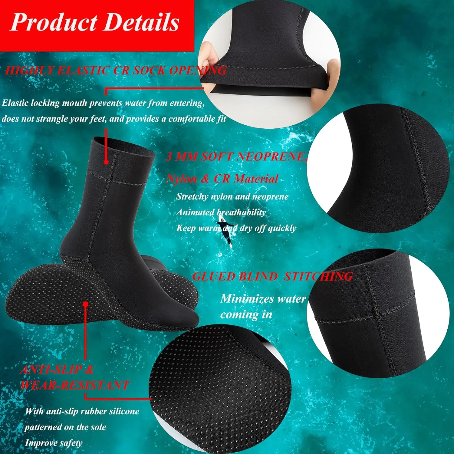 3mm Neoprene Socks, Wetsuit Booties Cold Water Swimming Boots for Women Men Open Water Swimming Diving Surfing