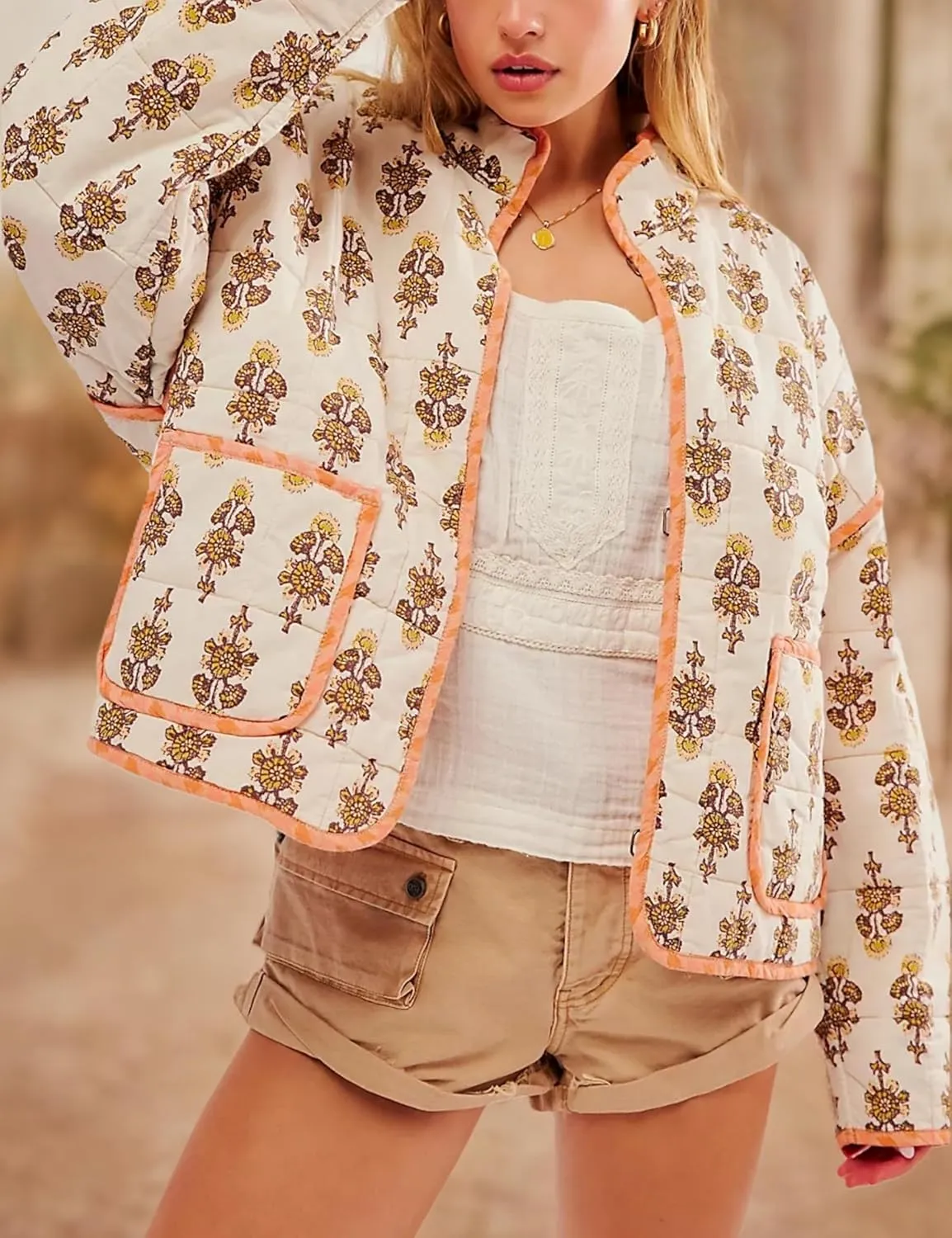 Aimiray Women's Cropped Floral Puffer Jacket Cardigan Printed Lightweight Open Front Padded Quilted Coats
