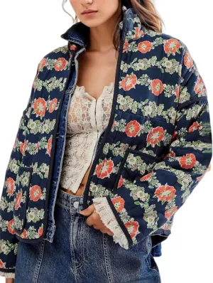 Aimiray Women's Cropped Floral Puffer Jacket Cardigan Printed Lightweight Open Front Padded Quilted Coats