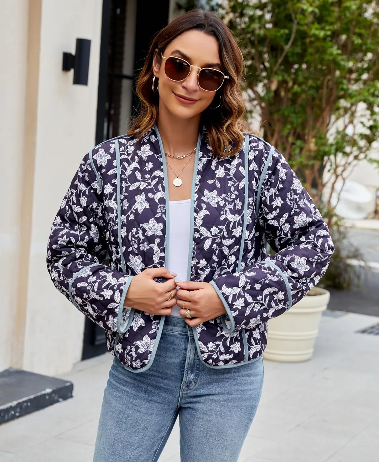 Aimiray Women's Cropped Floral Puffer Jacket Cardigan Printed Lightweight Open Front Padded Quilted Coats