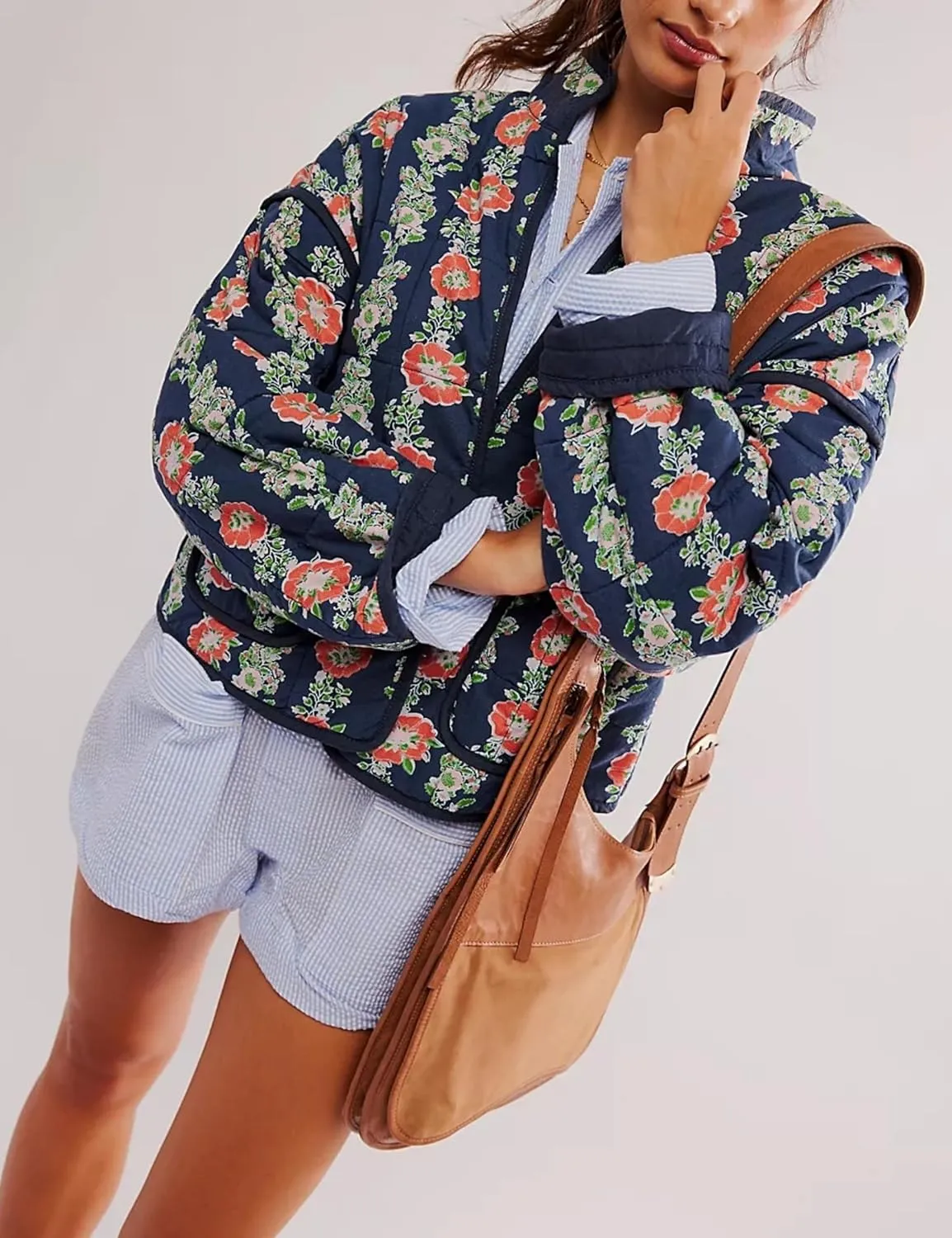 Aimiray Women's Cropped Floral Puffer Jacket Cardigan Printed Lightweight Open Front Padded Quilted Coats