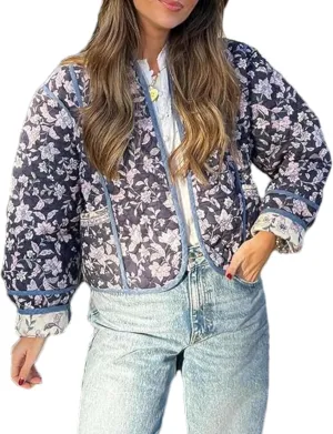 Aimiray Women's Cropped Floral Puffer Jacket Cardigan Printed Lightweight Open Front Padded Quilted Coats
