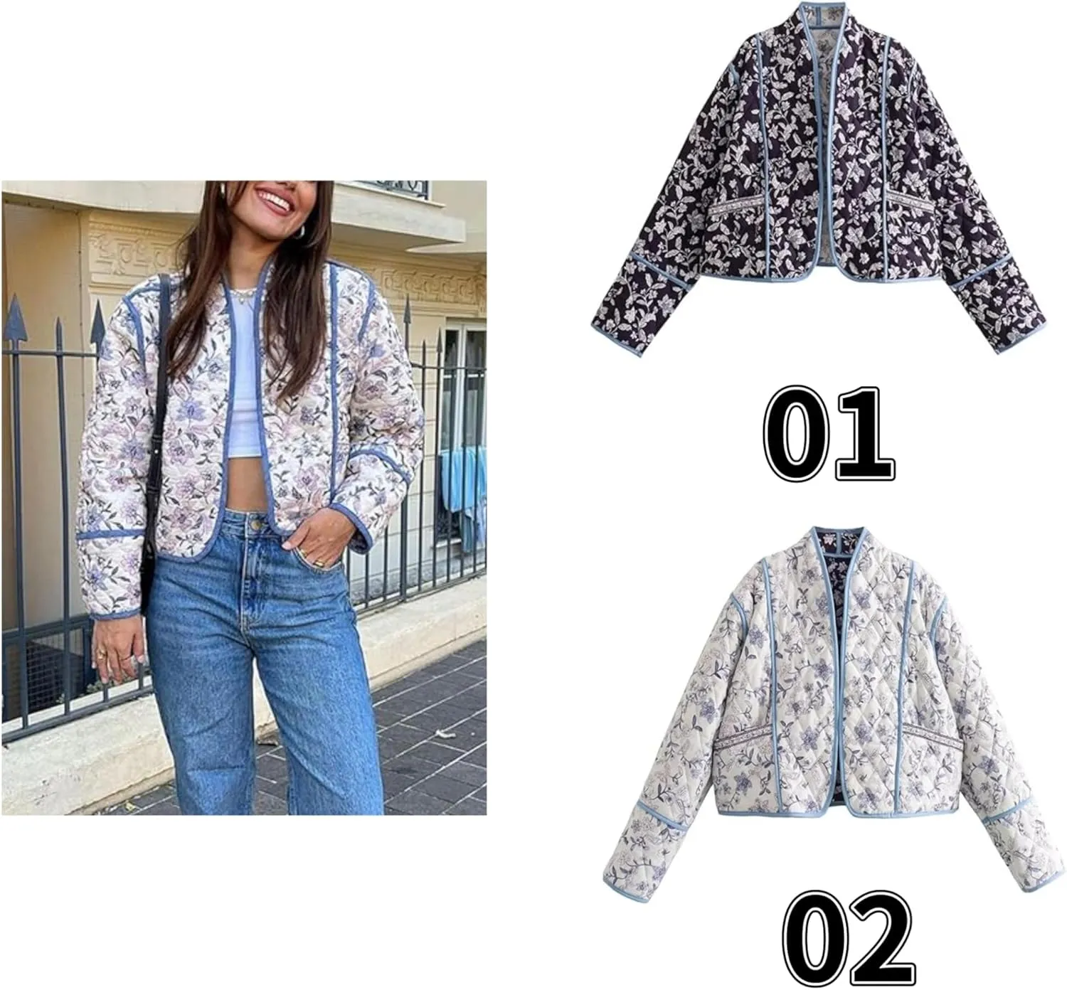 Aimiray Women's Cropped Floral Puffer Jacket Cardigan Printed Lightweight Open Front Padded Quilted Coats