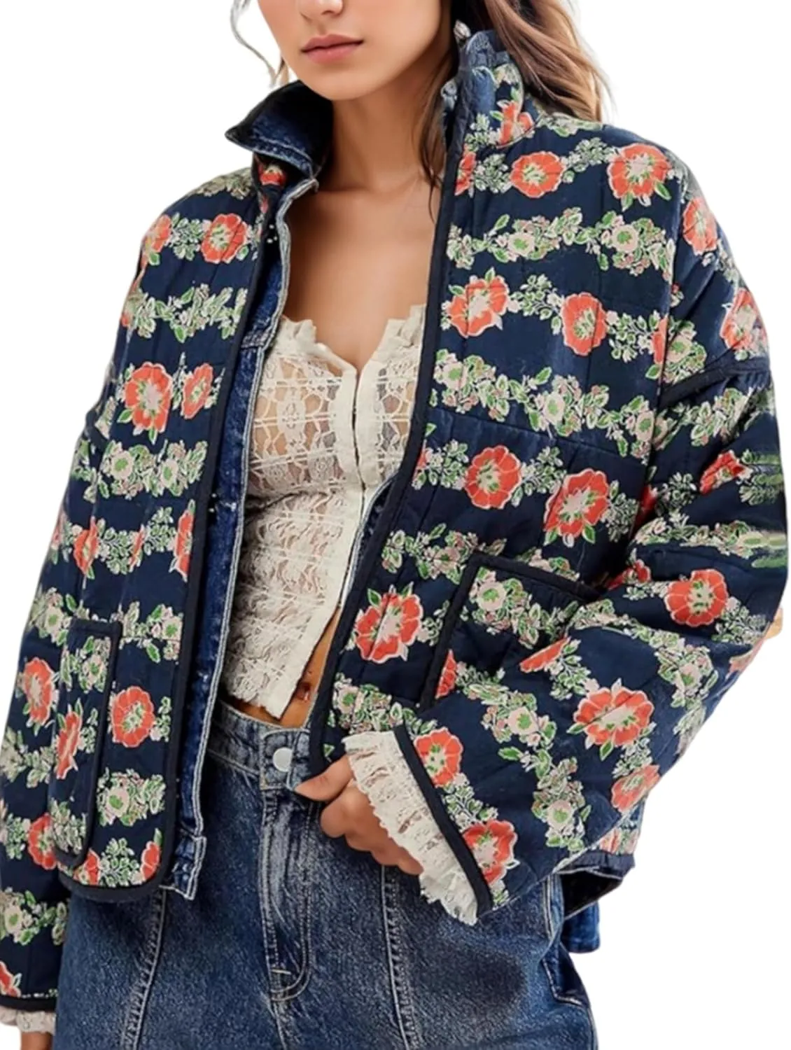 Aimiray Women's Cropped Floral Puffer Jacket Cardigan Printed Lightweight Open Front Padded Quilted Coats