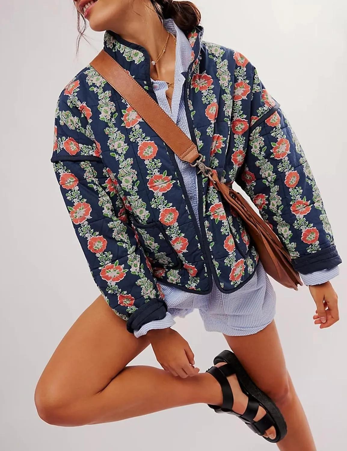 Aimiray Women's Cropped Floral Puffer Jacket Cardigan Printed Lightweight Open Front Padded Quilted Coats