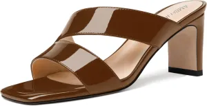 AMBELIGHT Womens Patent Night Club Dress Square Toe Slip On Block Mid Heel Sandals 2.5 Inch