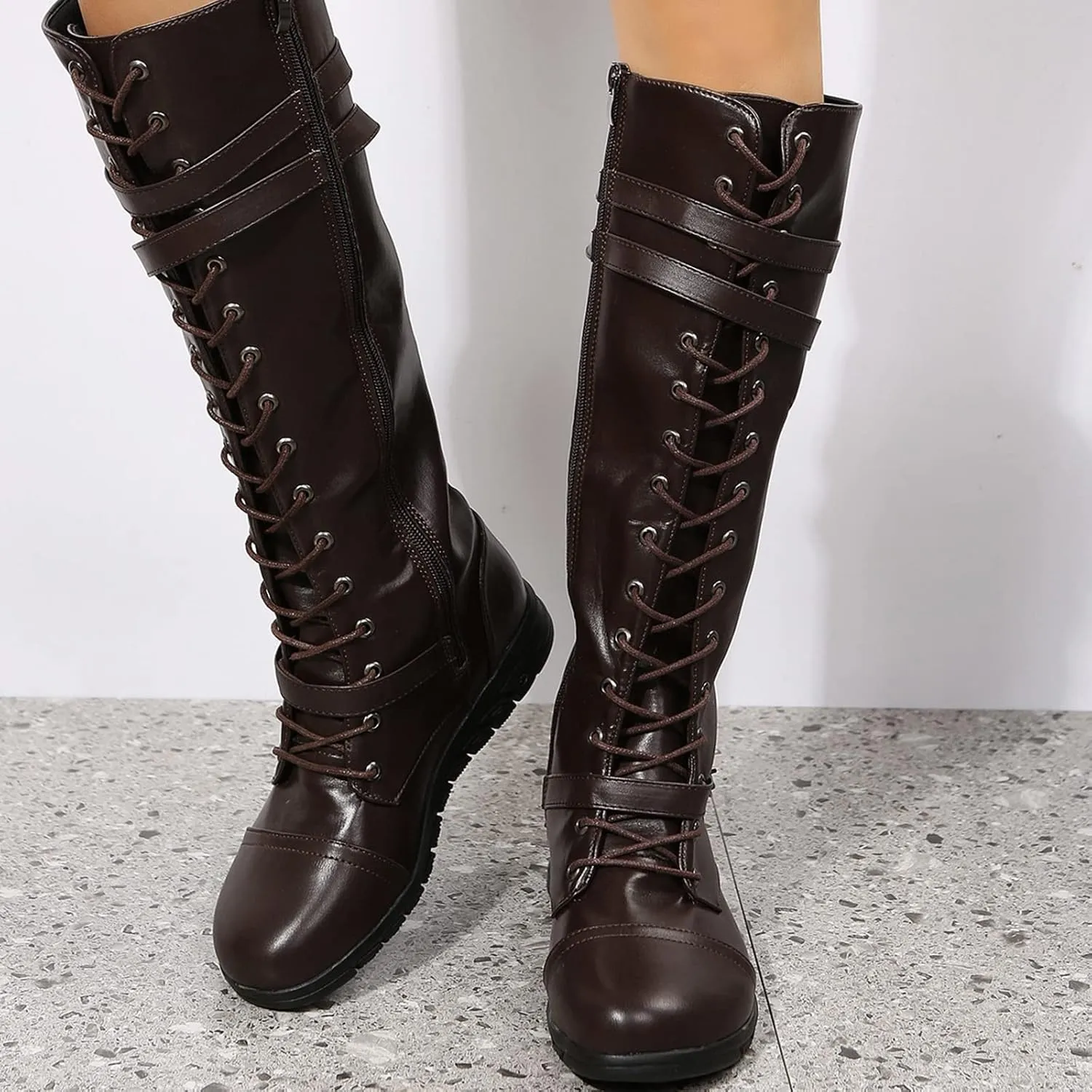 AngryMonkey Womens Knee High Lace Up leather Mid Calf Boot Side Zipper Personality Buckle Belt Platform Anti-Slip Quilted Rider High Boot