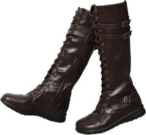 AngryMonkey Womens Knee High Lace Up leather Mid Calf Boot Side Zipper Personality Buckle Belt Platform Anti-Slip Quilted Rider High Boot