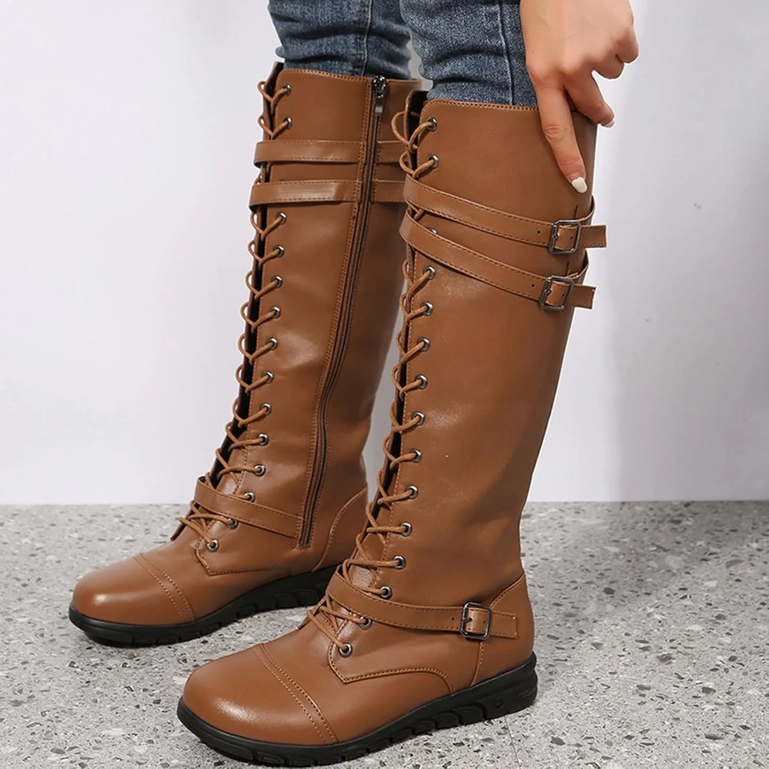 AngryMonkey Womens Knee High Lace Up leather Mid Calf Boot Side Zipper Personality Buckle Belt Platform Anti-Slip Quilted Rider High Boot
