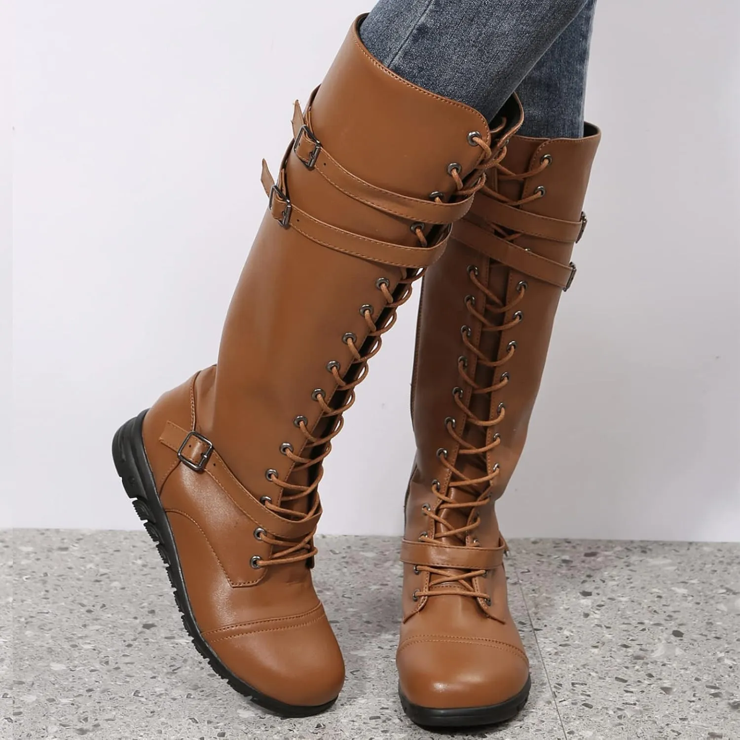 AngryMonkey Womens Knee High Lace Up leather Mid Calf Boot Side Zipper Personality Buckle Belt Platform Anti-Slip Quilted Rider High Boot
