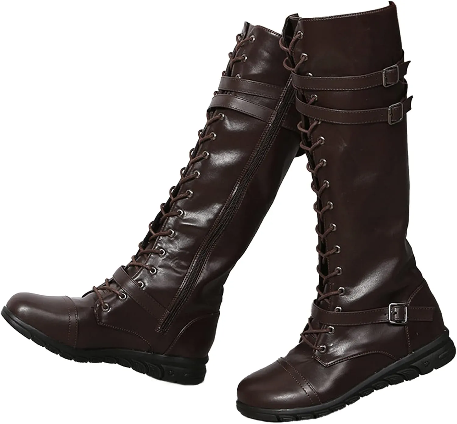 AngryMonkey Womens Knee High Lace Up leather Mid Calf Boot Side Zipper Personality Buckle Belt Platform Anti-Slip Quilted Rider High Boot