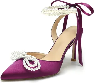 Anna's Bridal Satin White Wedding Shoes for Bride High Heels Closed Toe Bridal Shoes Sandals Prom Party Dress Pumps Sandals Elegant Pointed Toe Bridal Pear Heels for Women