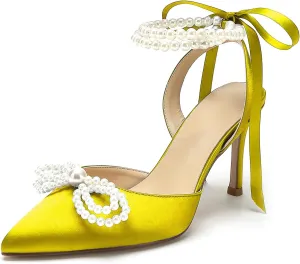 Anna's Bridal Satin White Wedding Shoes for Bride High Heels Closed Toe Bridal Shoes Sandals Prom Party Dress Pumps Sandals Elegant Pointed Toe Bridal Pear Heels for Women