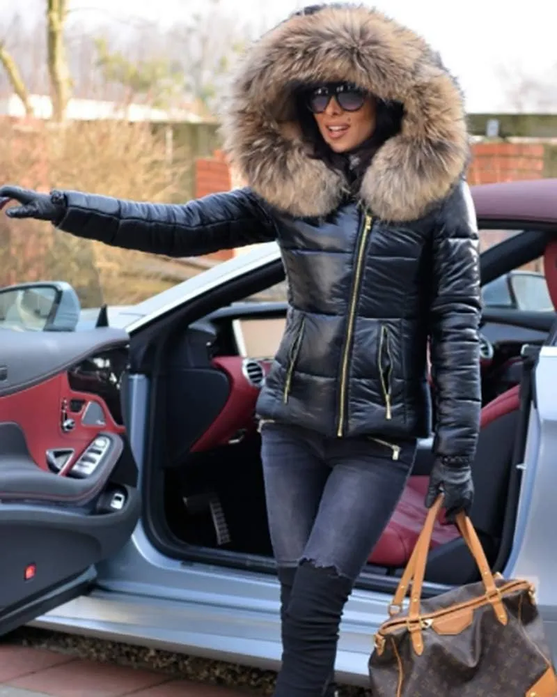 Aofur Womens Ladies Quilted Winter Coat Fur Collar Hooded Down Jacket Parka Outerwear