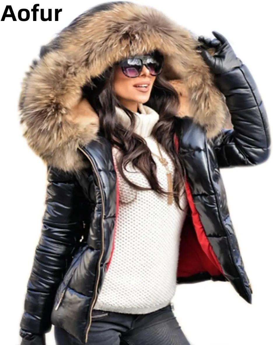 Aofur Womens Ladies Quilted Winter Coat Fur Collar Hooded Down Jacket Parka Outerwear