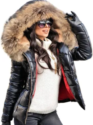 Aofur Womens Ladies Quilted Winter Coat Fur Collar Hooded Down Jacket Parka Outerwear