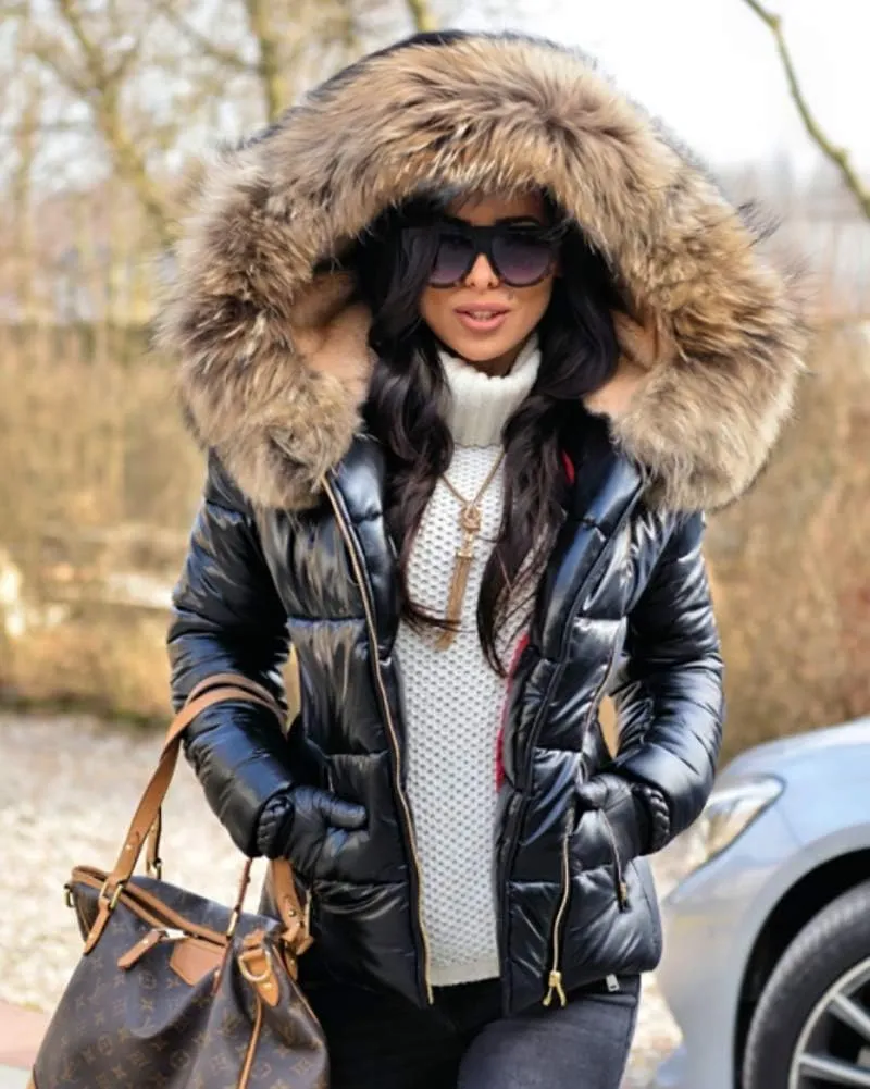 Aofur Womens Ladies Quilted Winter Coat Fur Collar Hooded Down Jacket Parka Outerwear