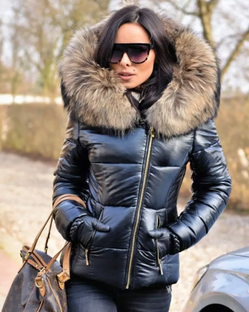 Aofur Womens Ladies Quilted Winter Coat Fur Collar Hooded Down Jacket Parka Outerwear