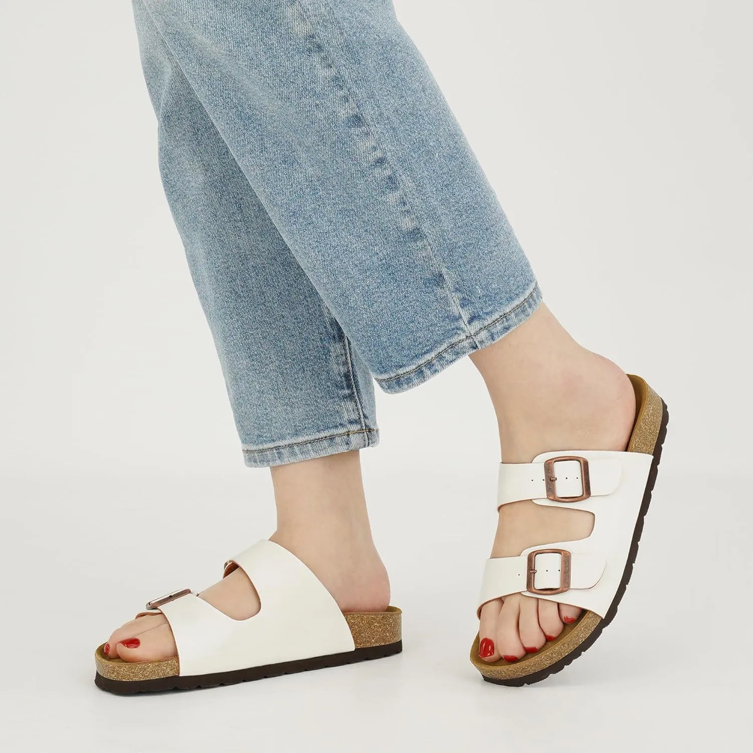 Aomigoct Sandals Womens Dressy Flat: Comfortable Cork Footbed Sandals Women - Beach Summer Walking Slides for Women