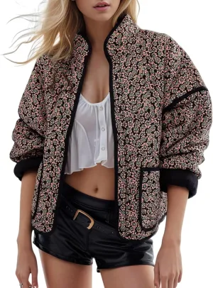 Arssm Women Floral Quilted Puffer Jacket Cropped Lightweight Patchwork Vintage Padded Short Coat Outerwear