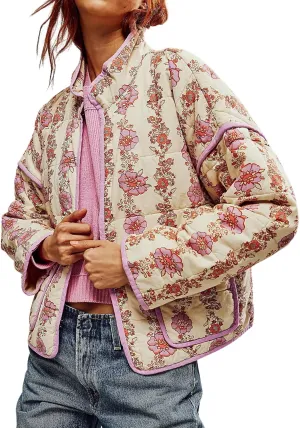 Arssm Women Floral Quilted Puffer Jacket Cropped Lightweight Patchwork Vintage Padded Short Coat Outerwear