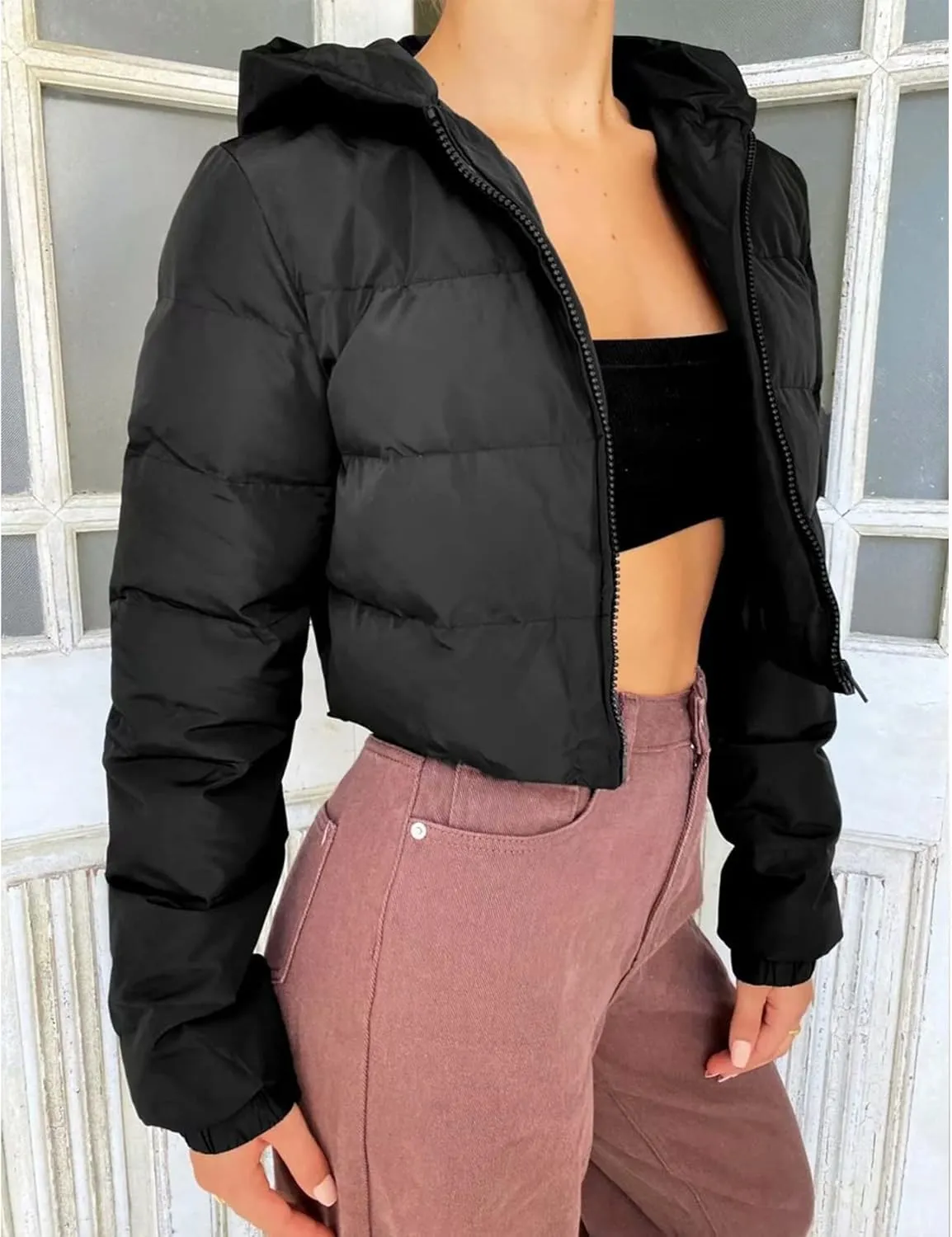 Arssm Womens Cropped Puffer Jacket Fashion Casual Hooded Zipper Long Sleeve Winter Warm Bubble Coat