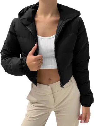 Arssm Womens Cropped Puffer Jacket Fashion Casual Hooded Zipper Long Sleeve Winter Warm Bubble Coat