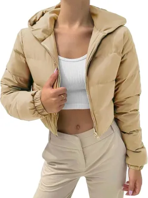Arssm Womens Cropped Puffer Jacket Fashion Casual Hooded Zipper Long Sleeve Winter Warm Bubble Coat