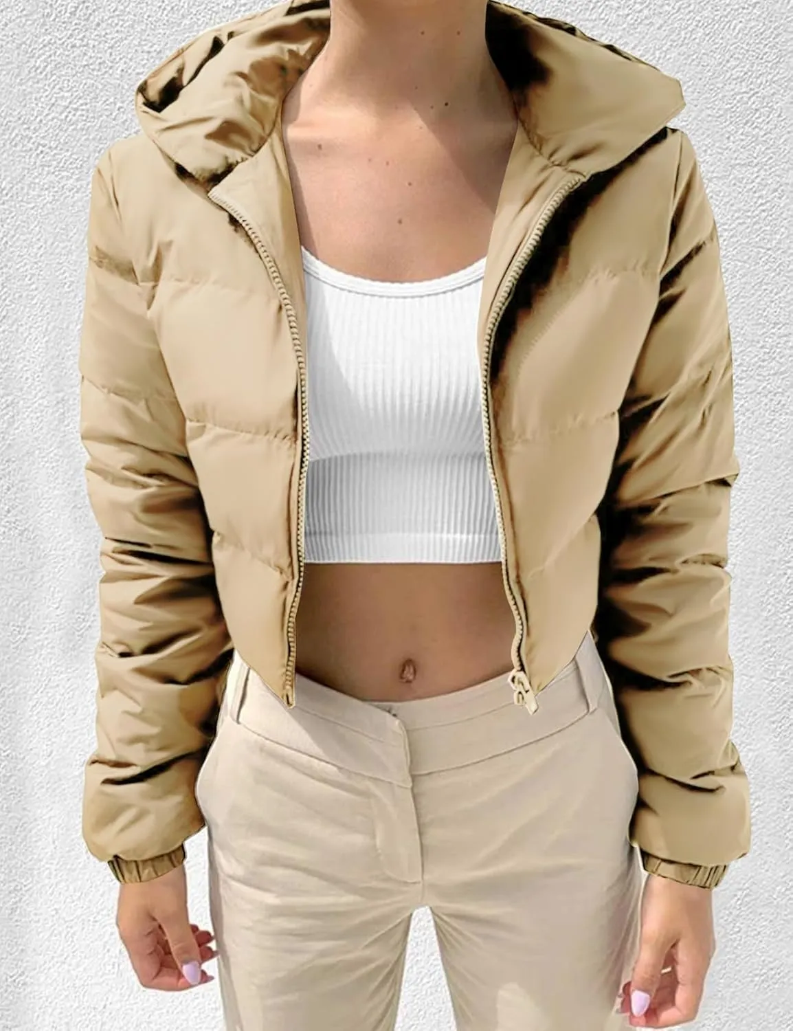 Arssm Womens Cropped Puffer Jacket Fashion Casual Hooded Zipper Long Sleeve Winter Warm Bubble Coat