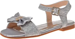 Badgley Mischka Toddler Girls Sandals - Kids Dress Shoes Slip-On Open Toe Flat Sandal Rhinestone Strappy Bow Ankle Buckle Glitter (Little Kid/Big Kid) (White/Silver/Pink)