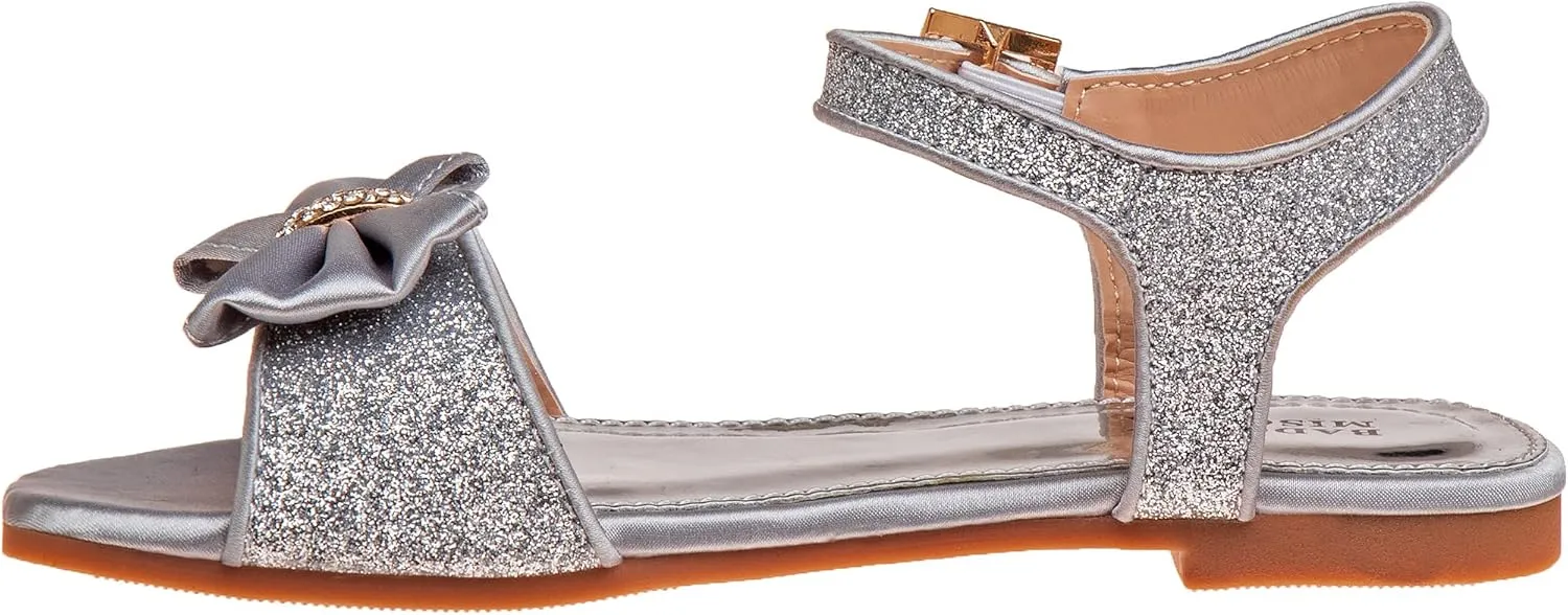Badgley Mischka Toddler Girls Sandals - Kids Dress Shoes Slip-On Open Toe Flat Sandal Rhinestone Strappy Bow Ankle Buckle Glitter (Little Kid/Big Kid) (White/Silver/Pink)