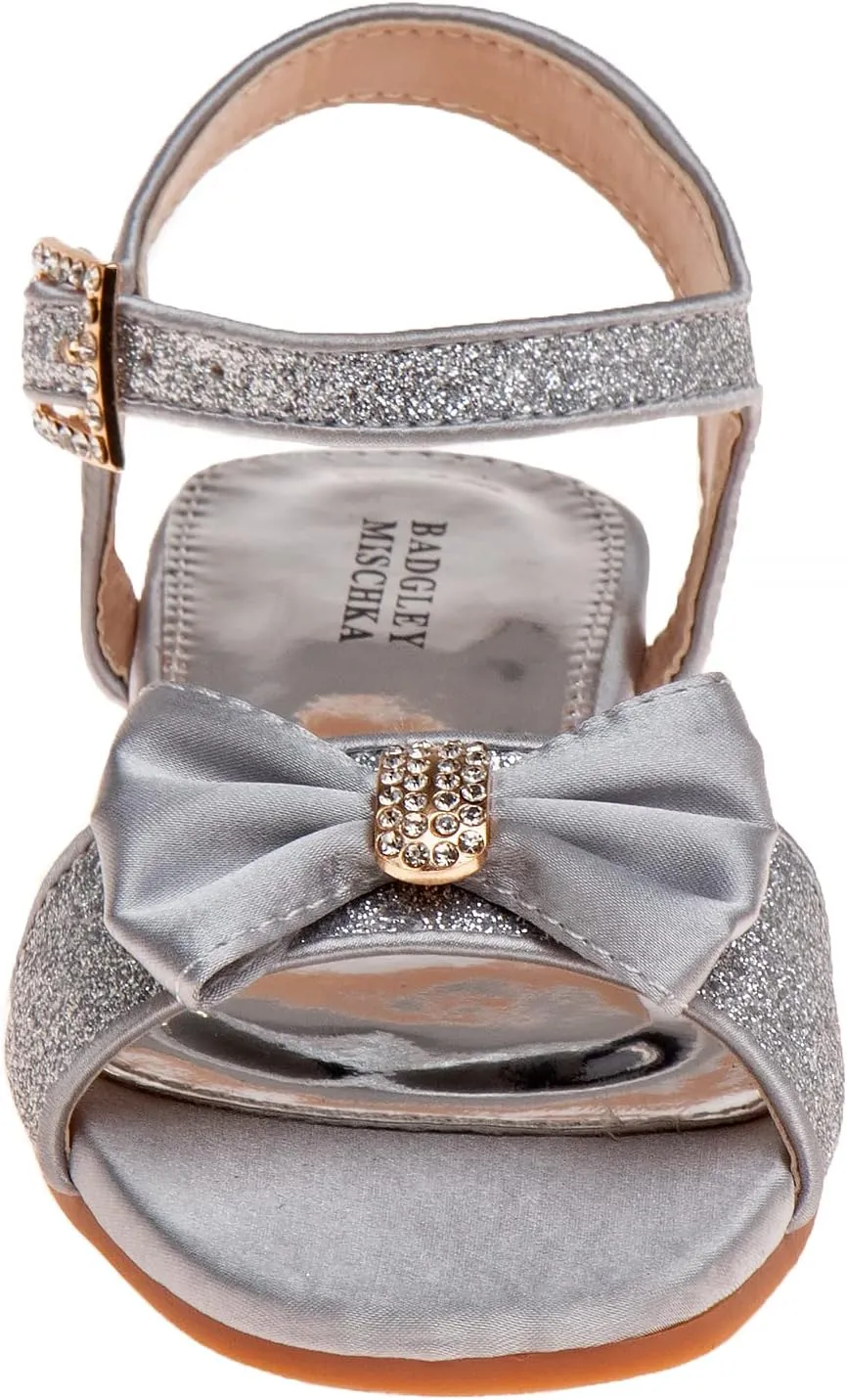 Badgley Mischka Toddler Girls Sandals - Kids Dress Shoes Slip-On Open Toe Flat Sandal Rhinestone Strappy Bow Ankle Buckle Glitter (Little Kid/Big Kid) (White/Silver/Pink)