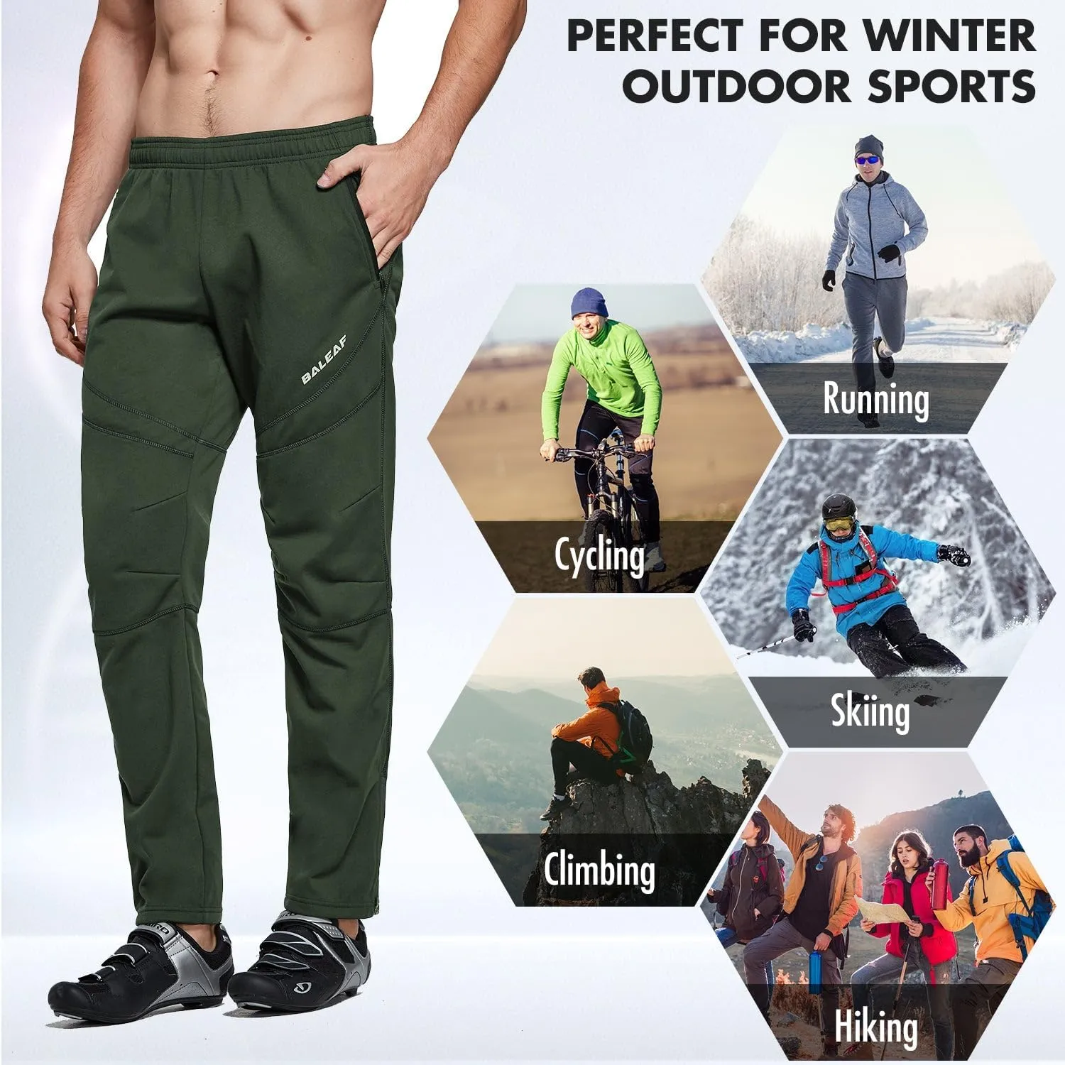baleaf Men's Fleece Pants Winter Cycling Pants Mountain Bike Clothing Thermal Cold Weather Running Gear