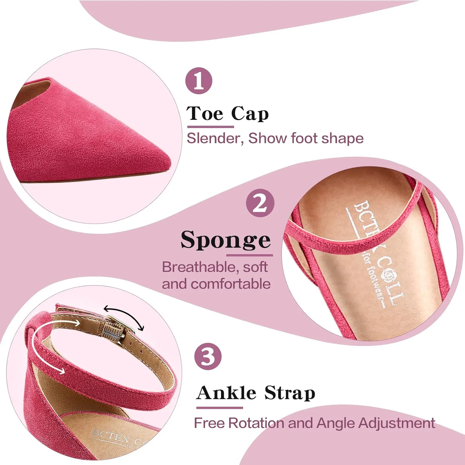 BCTEX COLL Womens Pointed Toe Pumps Shoes Ankle Strap Chunky Low Heels Metal Lined Sandals Designed for Women