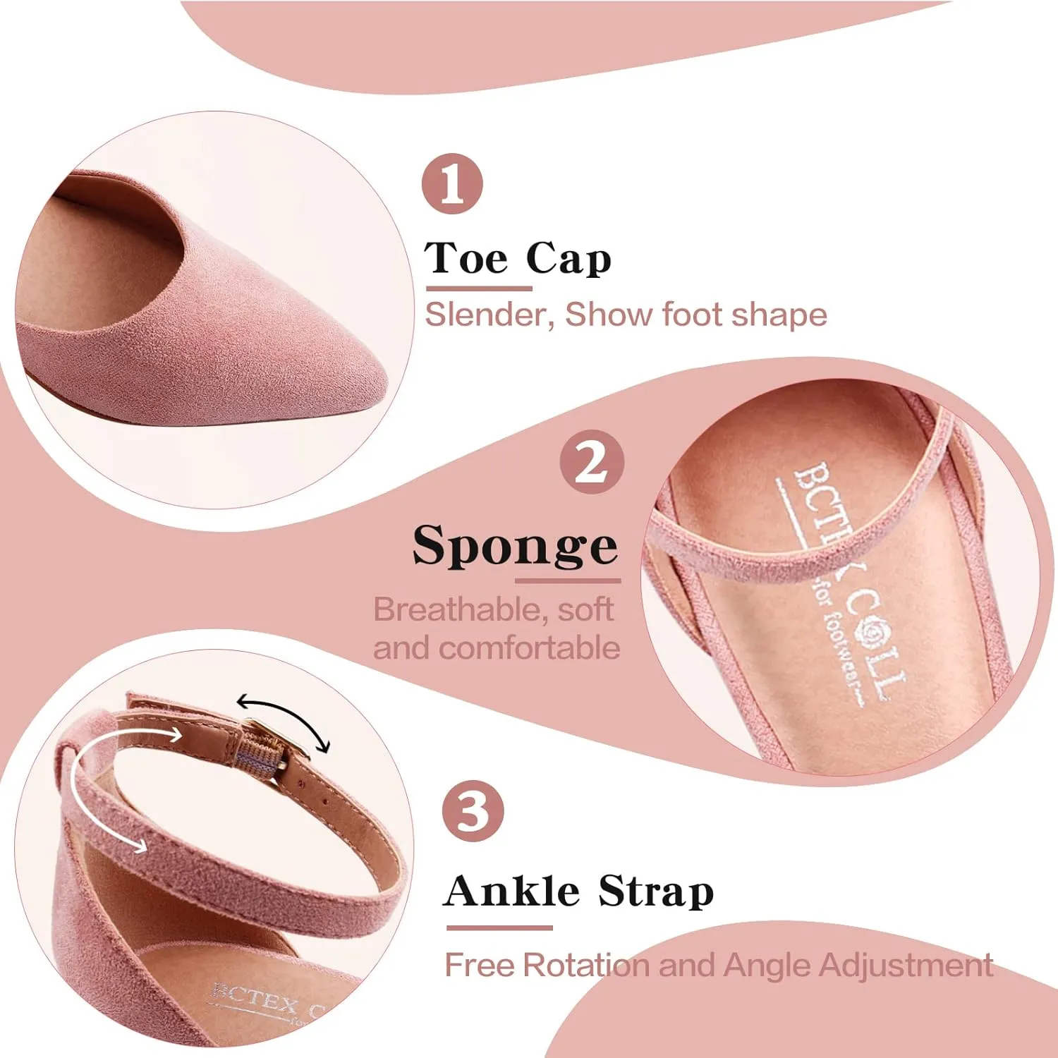 BCTEX COLL Womens Pointed Toe Pumps Shoes Ankle Strap Chunky Low Heels Metal Lined Sandals Designed for Women