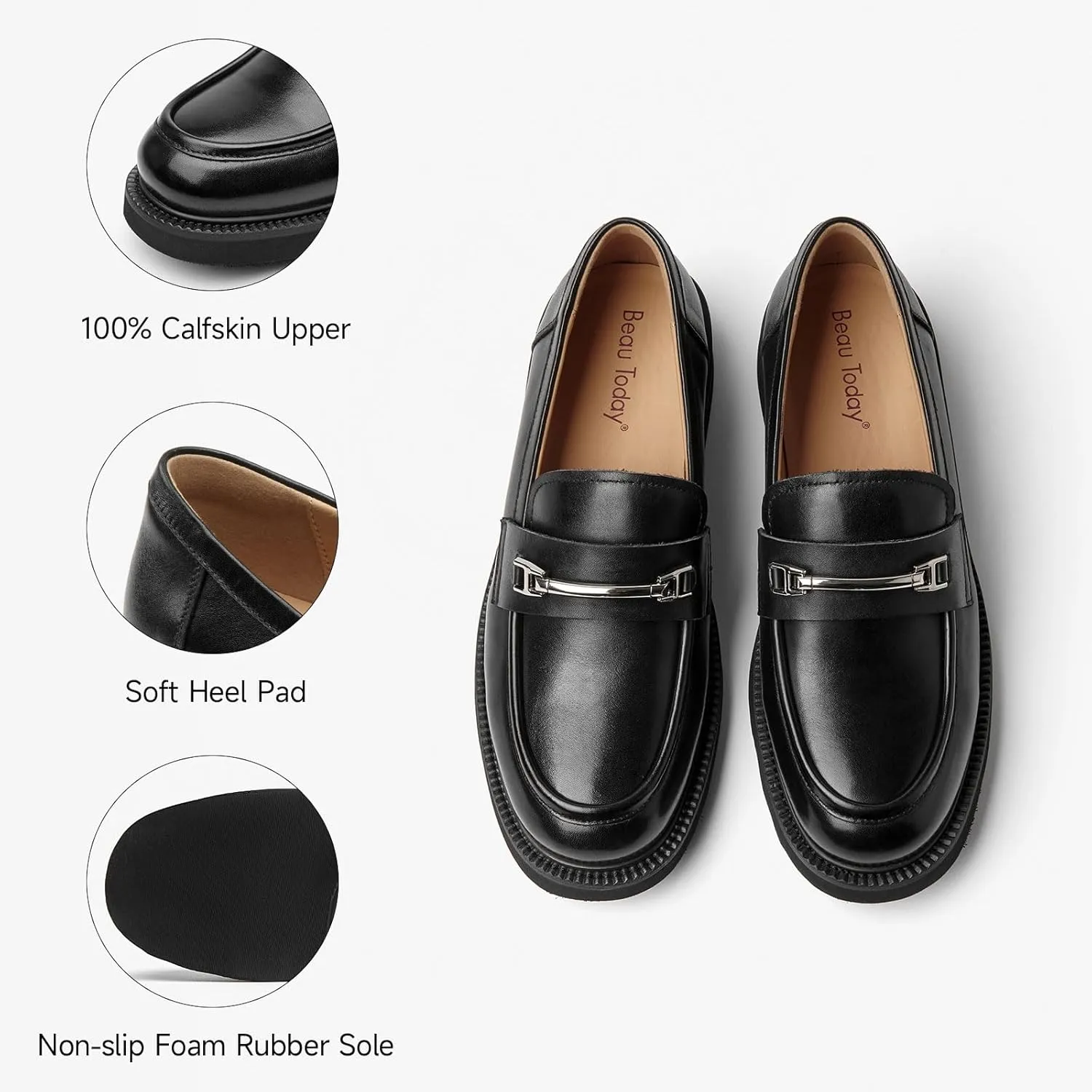 BEAU TODAY Leather Loafers Women, Slip On Penny Loafers for Women Casual Shoes, Chunky Platform Comfortable Business Office Ladies Dress Shoes with Metal Buckle