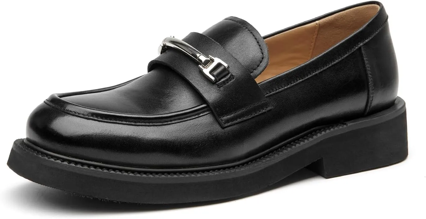 BEAU TODAY Leather Loafers Women, Slip On Penny Loafers for Women Casual Shoes, Chunky Platform Comfortable Business Office Ladies Dress Shoes with Metal Buckle