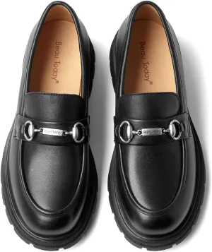 BEAU TODAY Leather Loafers Women, Slip On Penny Loafers for Women Casual Shoes, Chunky Platform Comfortable Business Office Ladies Dress Shoes with Metal Buckle