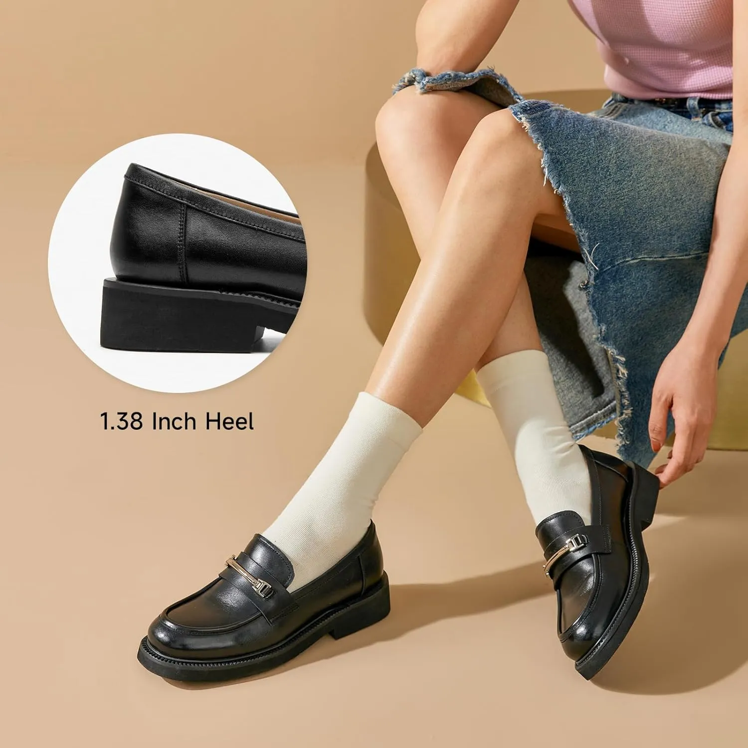 BEAU TODAY Leather Loafers Women, Slip On Penny Loafers for Women Casual Shoes, Chunky Platform Comfortable Business Office Ladies Dress Shoes with Metal Buckle