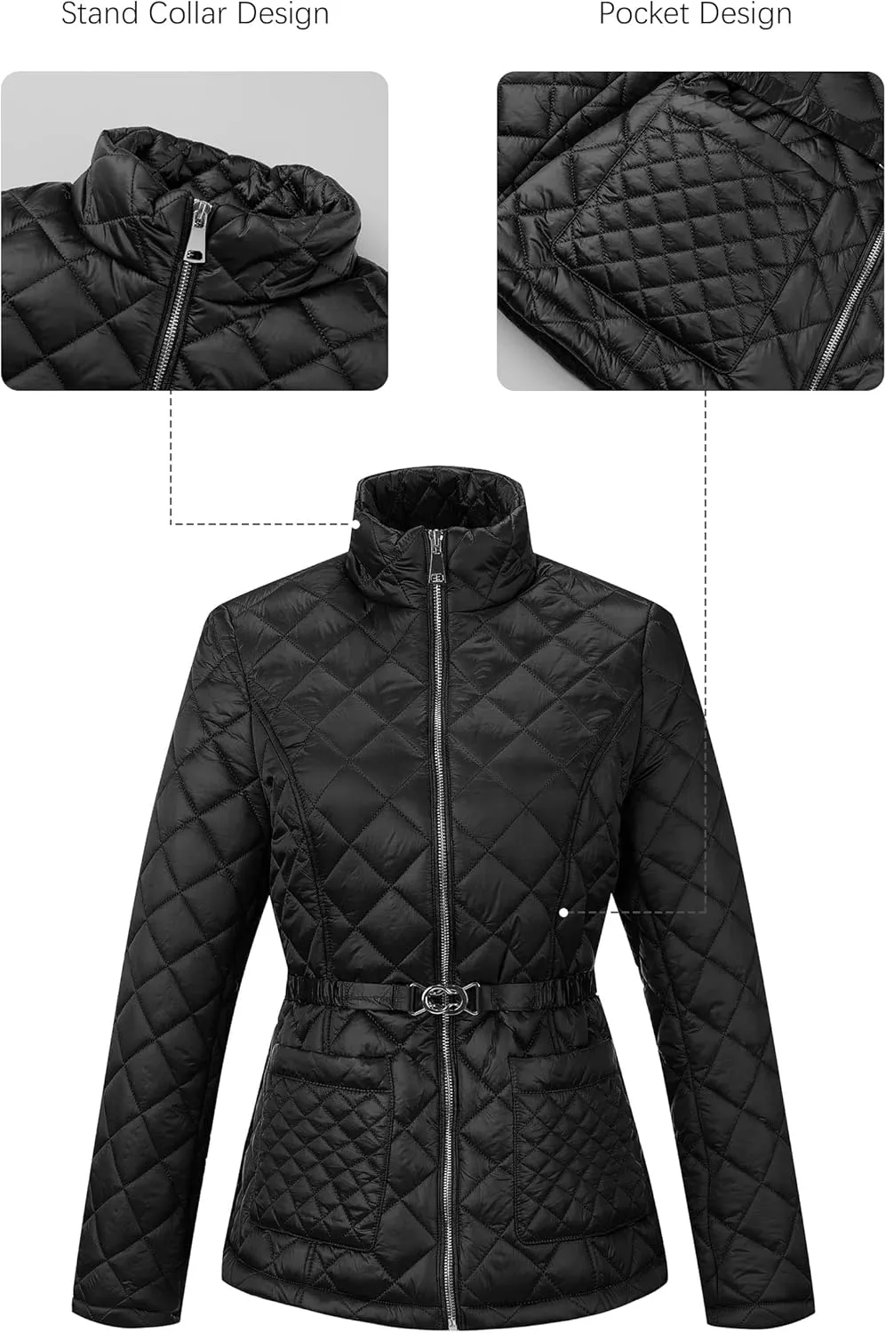 Bellivera Women Lightweight Coat Short Quilted Puffer Long Sleeve Belted Jacket Pockets