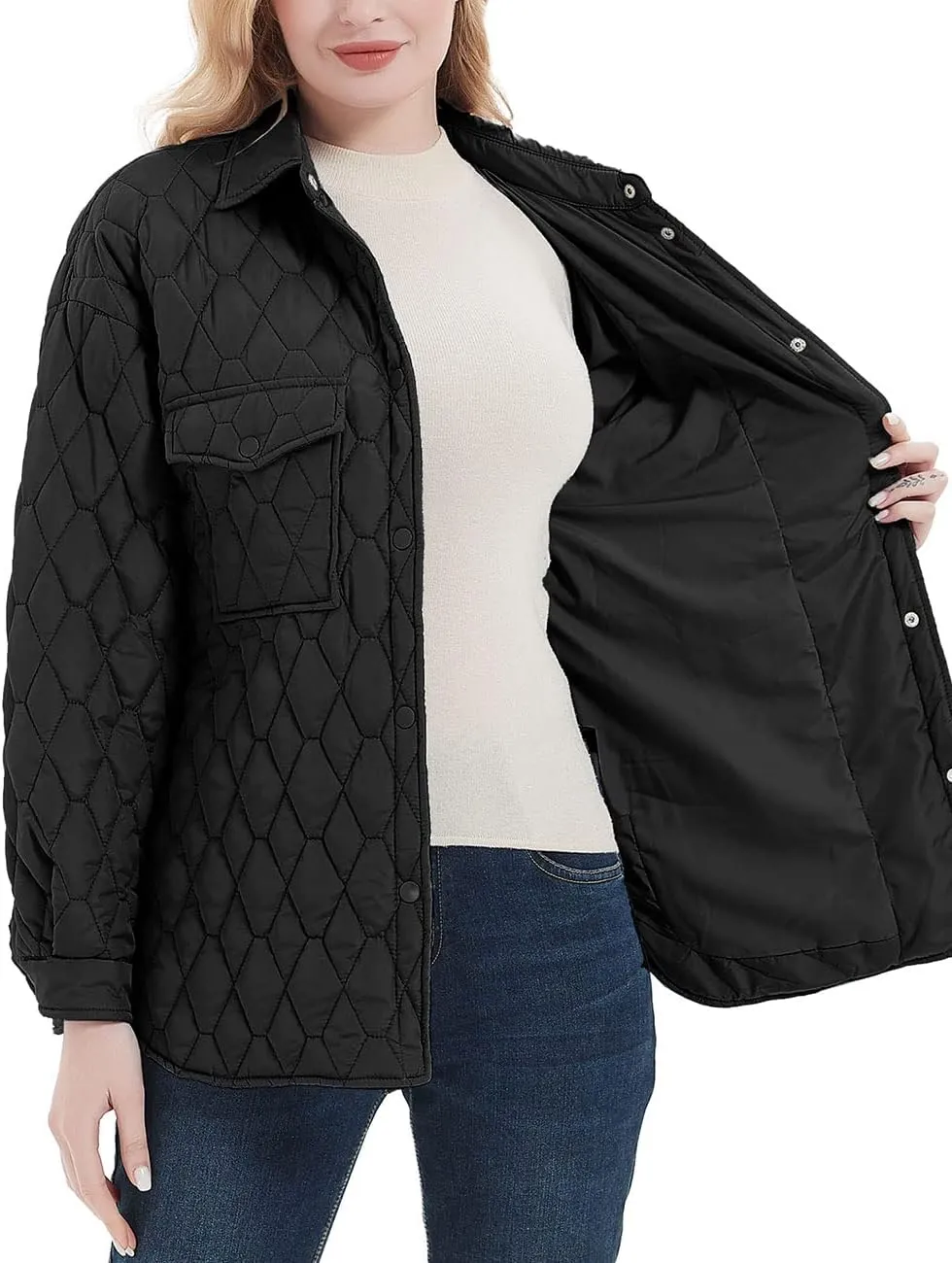 Bellivera Women Lightweight Coat Short Quilted Puffer Long Sleeve Belted Jacket Pockets