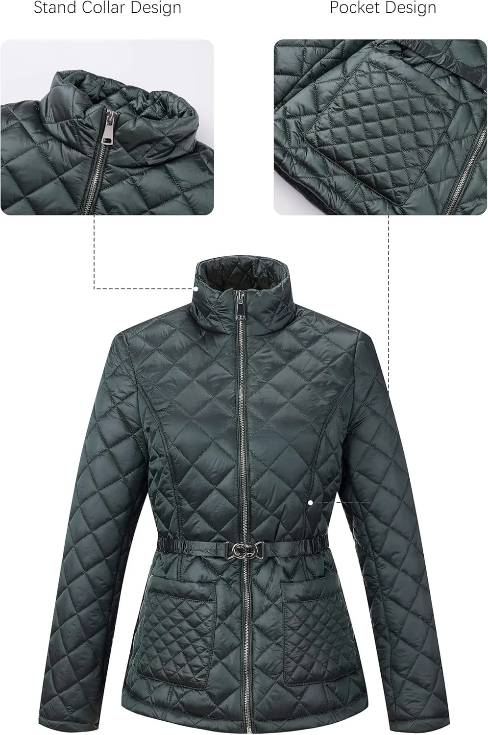 Bellivera Women Lightweight Coat Short Quilted Puffer Long Sleeve Belted Jacket Pockets