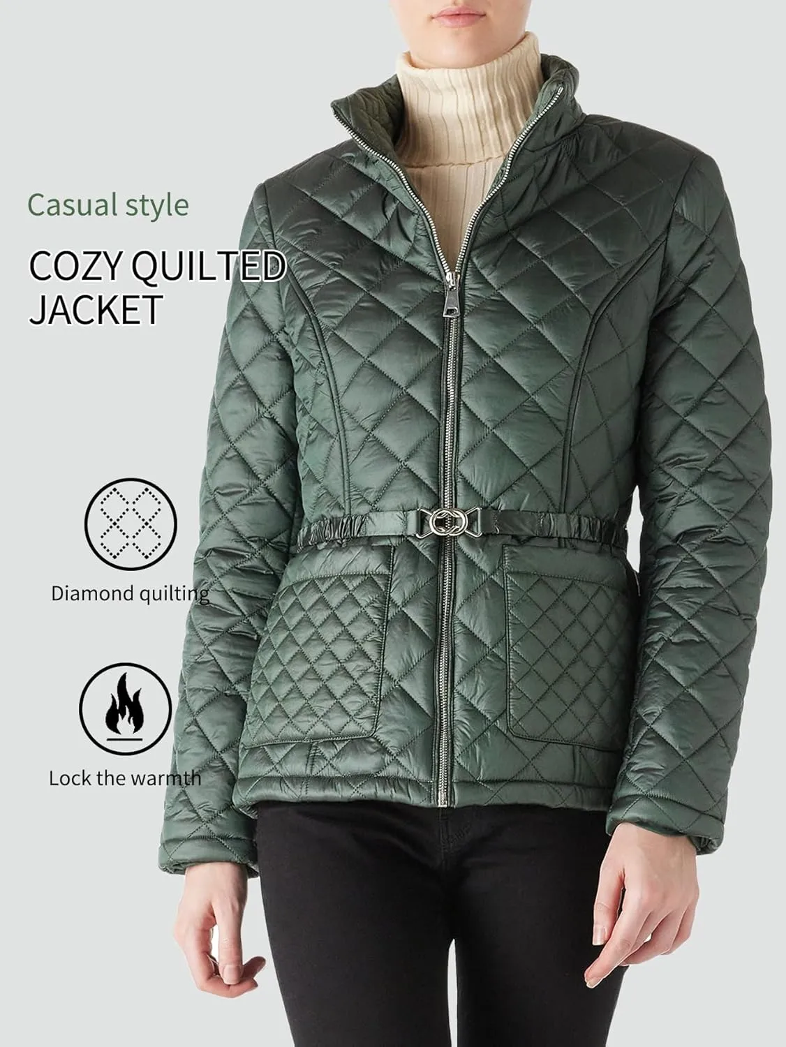 Bellivera Women Lightweight Coat Short Quilted Puffer Long Sleeve Belted Jacket Pockets