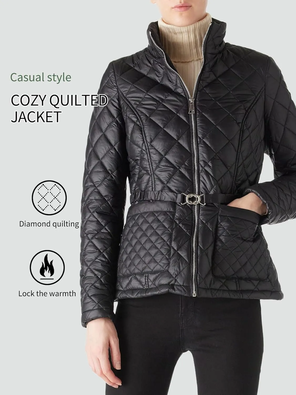 Bellivera Women Lightweight Coat Short Quilted Puffer Long Sleeve Belted Jacket Pockets