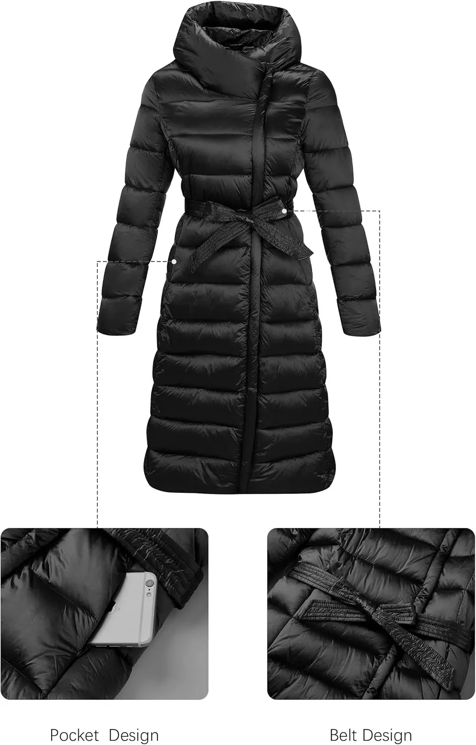 Bellivera Women's Puffer Jacket Lightweight Quilted Hooded Long Down Alternative Coat with Belt